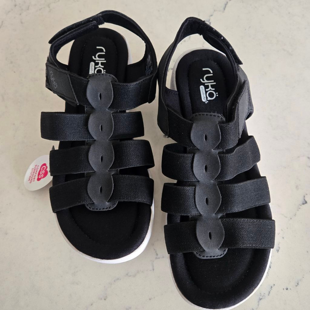 Women's Ryka Black & White Aloha Multi Strap Adjustable Wedge Sandals Size 9.5W